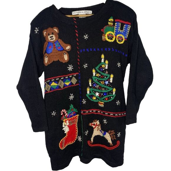 Victoria Jones Tunic Sweater Womens M Pullover Christmas Appliqué Beaded Black - Picture 1 of 12
